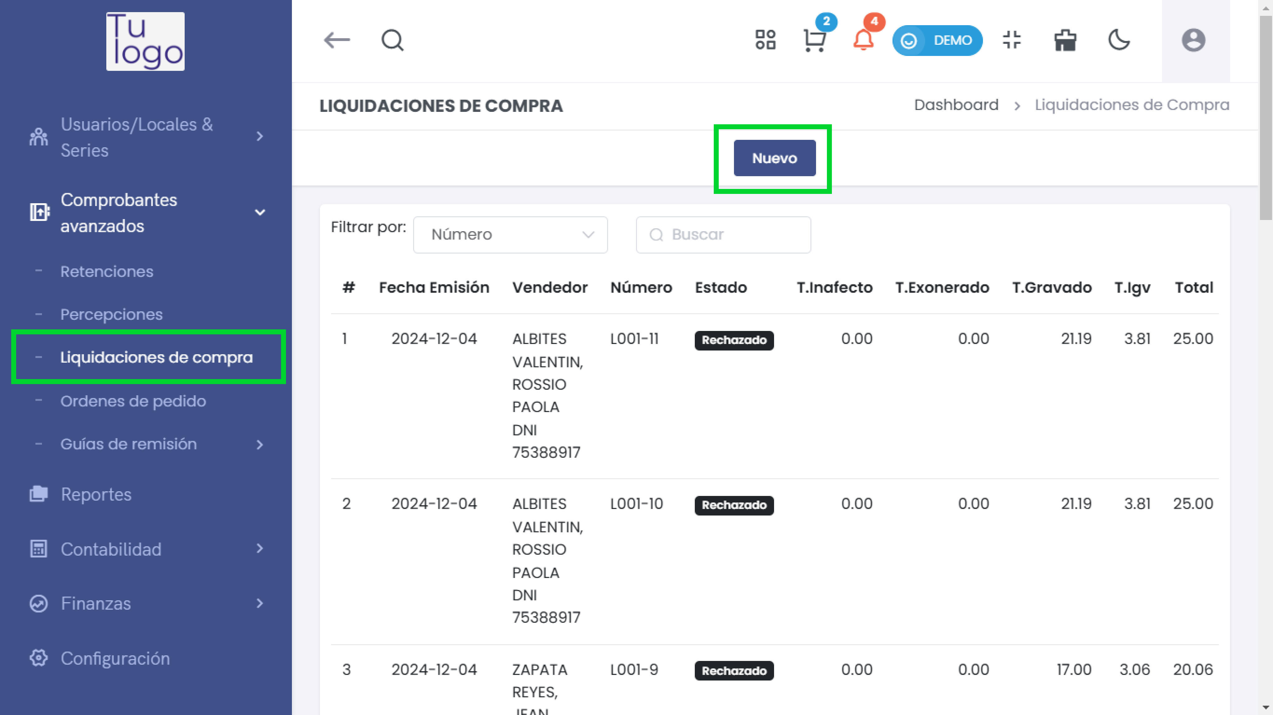 Liquidación de Compra - Nuevo